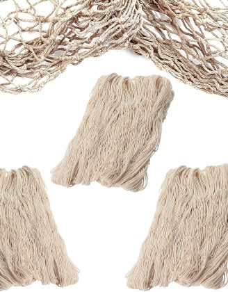 4E's Novelty Fish Net Decorative - Pack of 3 - Natural Cotton Fishnet Decor - Each 14 x 4 feet - for Mermaid Party Decorations, Luau Tropical Nautical Beach Table Cover