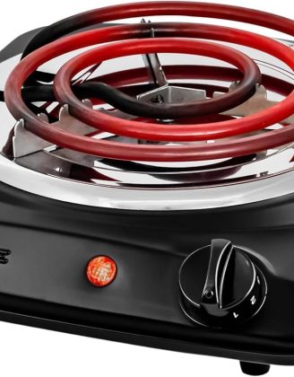 OVENTE Electric Countertop Single Burner, 1000W Cooktop with 6" Stainless Steel Coil Hot Plate, 5 Level Temperature Control, Indicator Light, Compact Cooking Stove and Easy to Clean, Black BGC101B