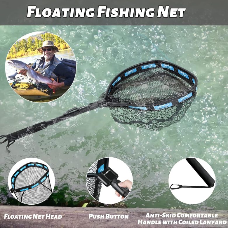 PLUSINNO Floating Fishing Net for Steelhead, Salmon, Fly, Kayak, Bass, Trout Fishing, Catfish, Rubber Coated Landing Net for Easy Catch & Release for Easy Transportation & Storage - Image 2