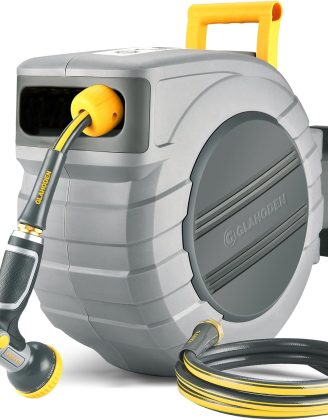 Retractable Garden Hose Reel 5/8 in x 100 ft Upgraded UV Resistant Heavy Duty Automatic Hose Reel Wall Mount 3/4 in Brass Fitting 9 Pattern Nozzle Any Length Lock Slow Retraction 180° Swivel